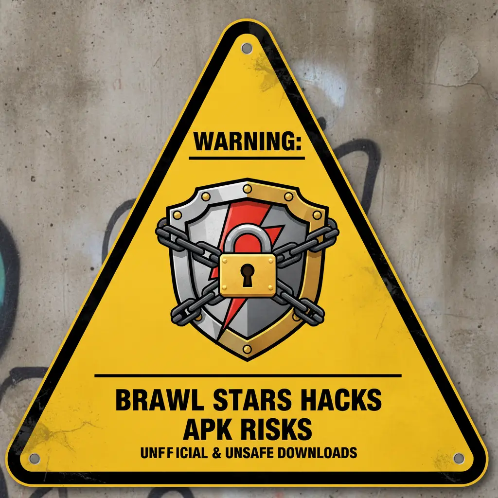 A warning sign over a fake Brawl Stars gem generator, illustrating a common scam to avoid.